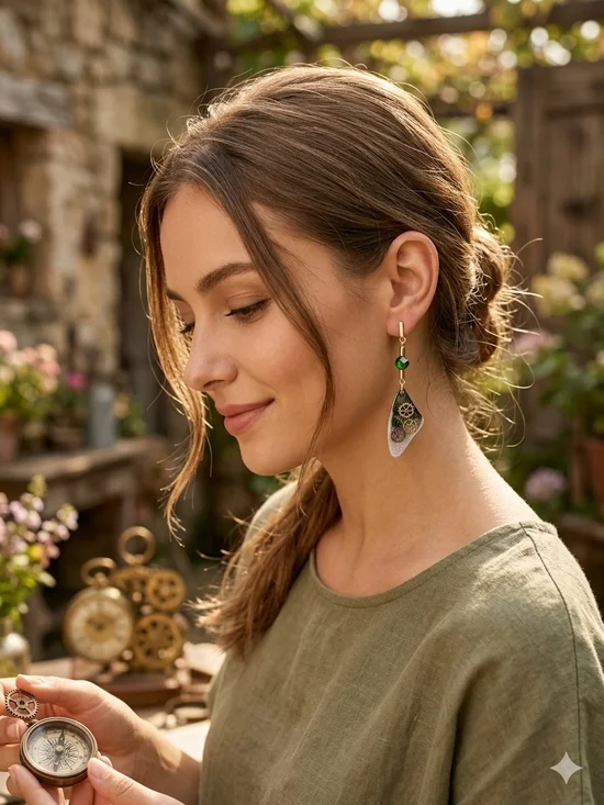 Green Ombre Steampunk Butterfly Earrings - Picture 2 of 3